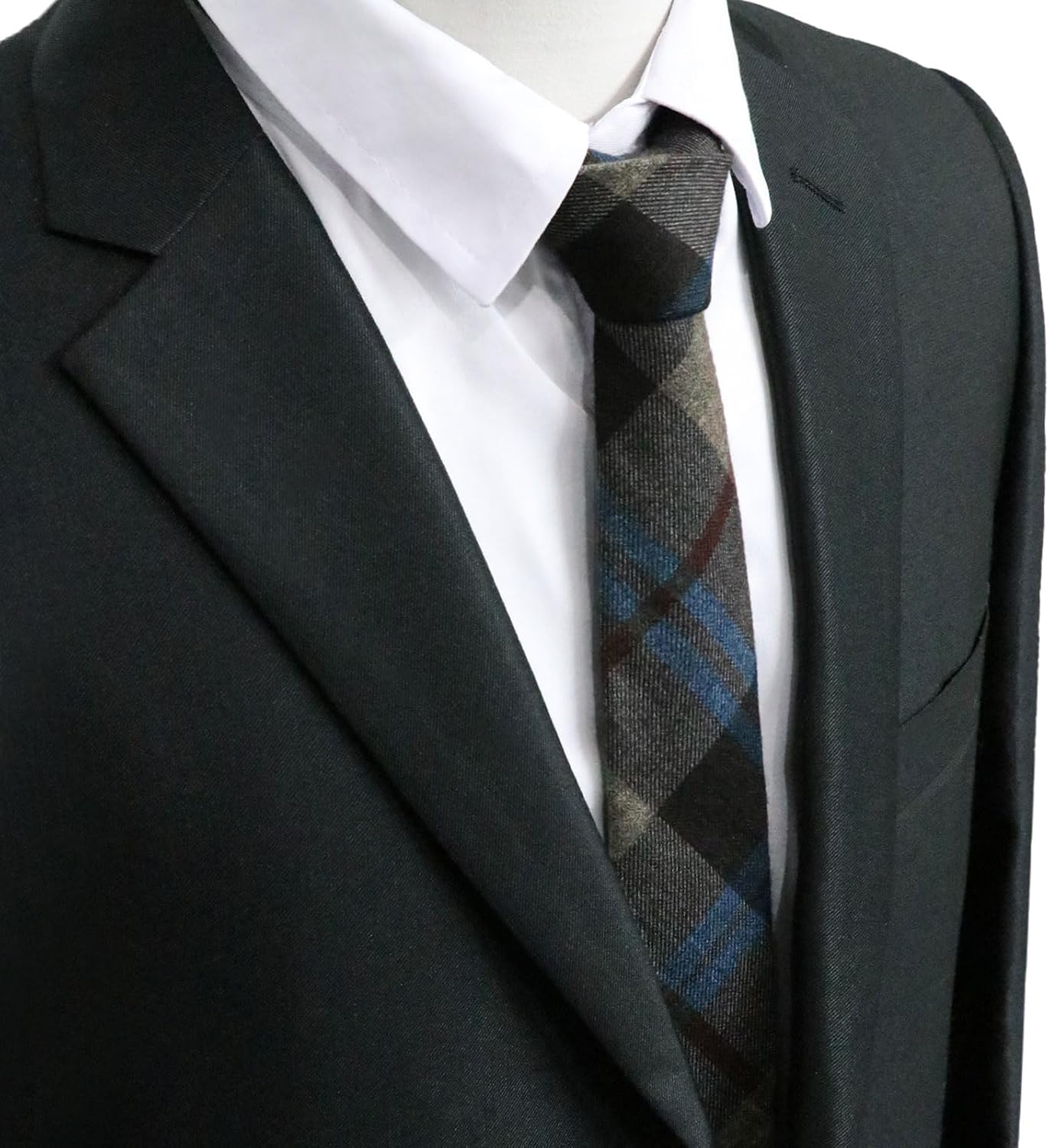 Plaid & Striped Cotton Skinny Necktie Blue & Charcoal Plaid