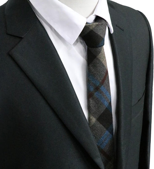 Plaid & Striped Cotton Skinny Necktie Blue & Charcoal Plaid