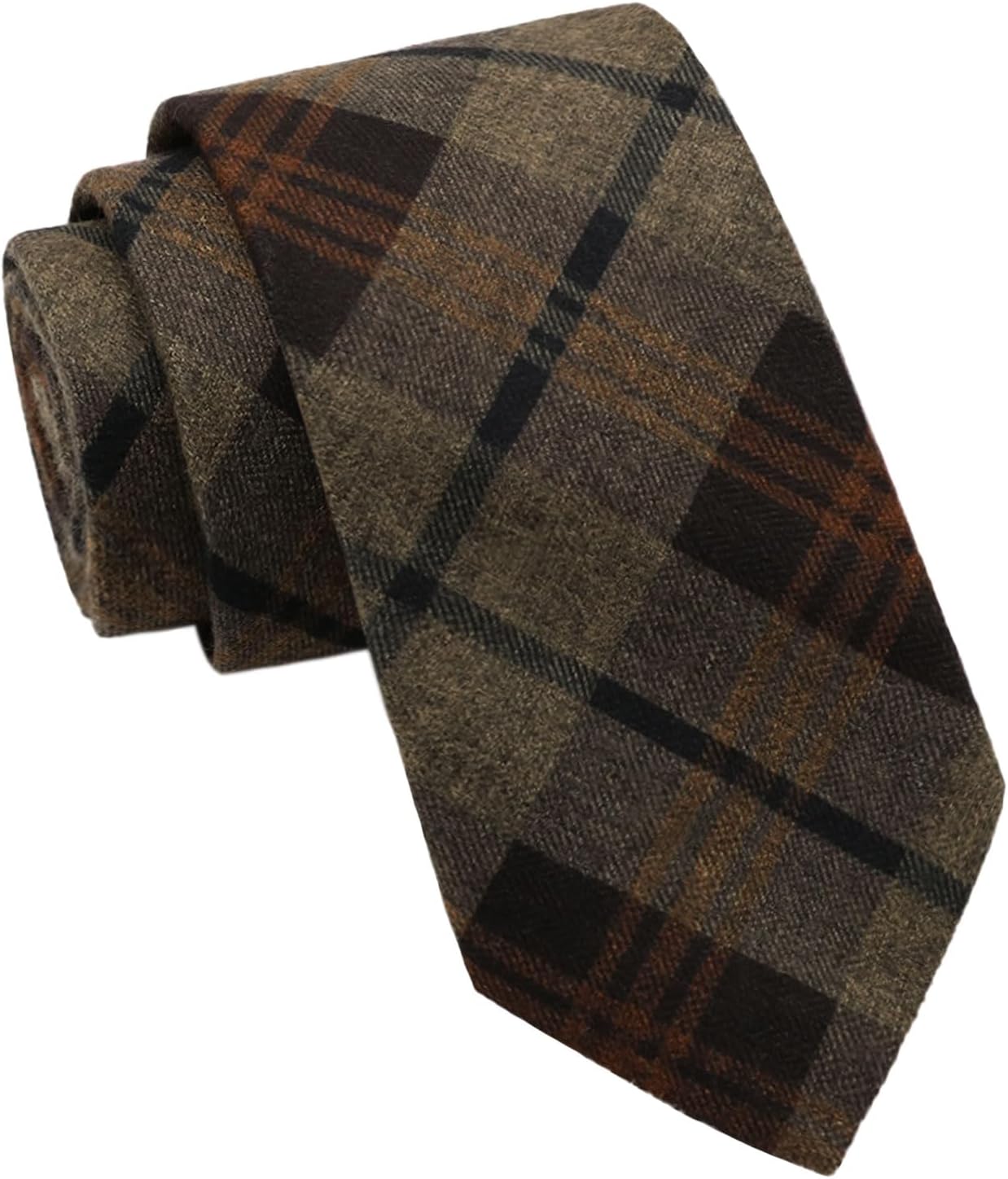Plaid & Striped Cotton Skinny Necktie Coffee Brown Plaid
