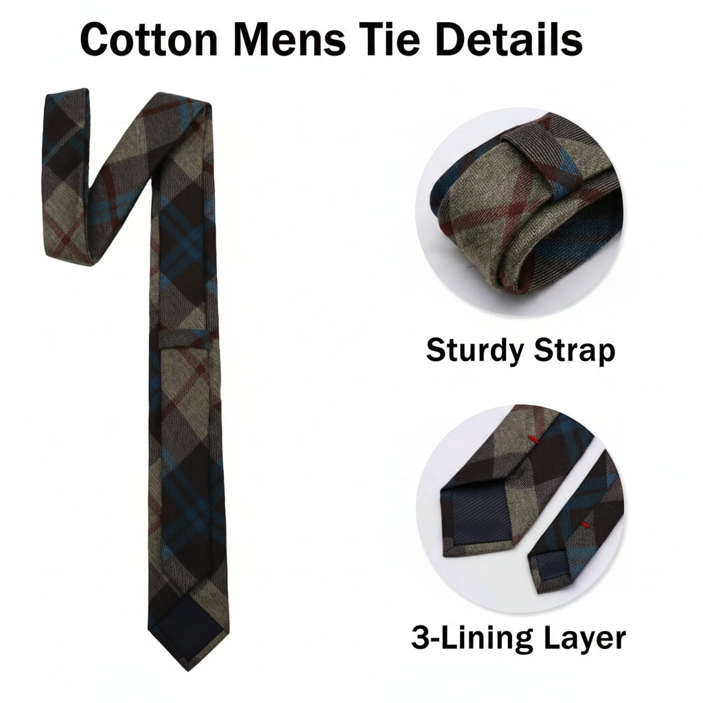Plaid & Striped Cotton Skinny Necktie Blue & Charcoal Plaid