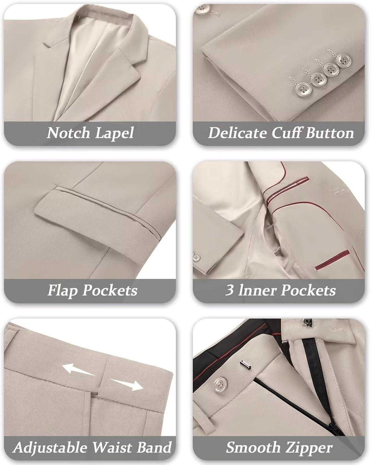 Slim Fit Linen 3-Piece Men’s Suit Light Champagne