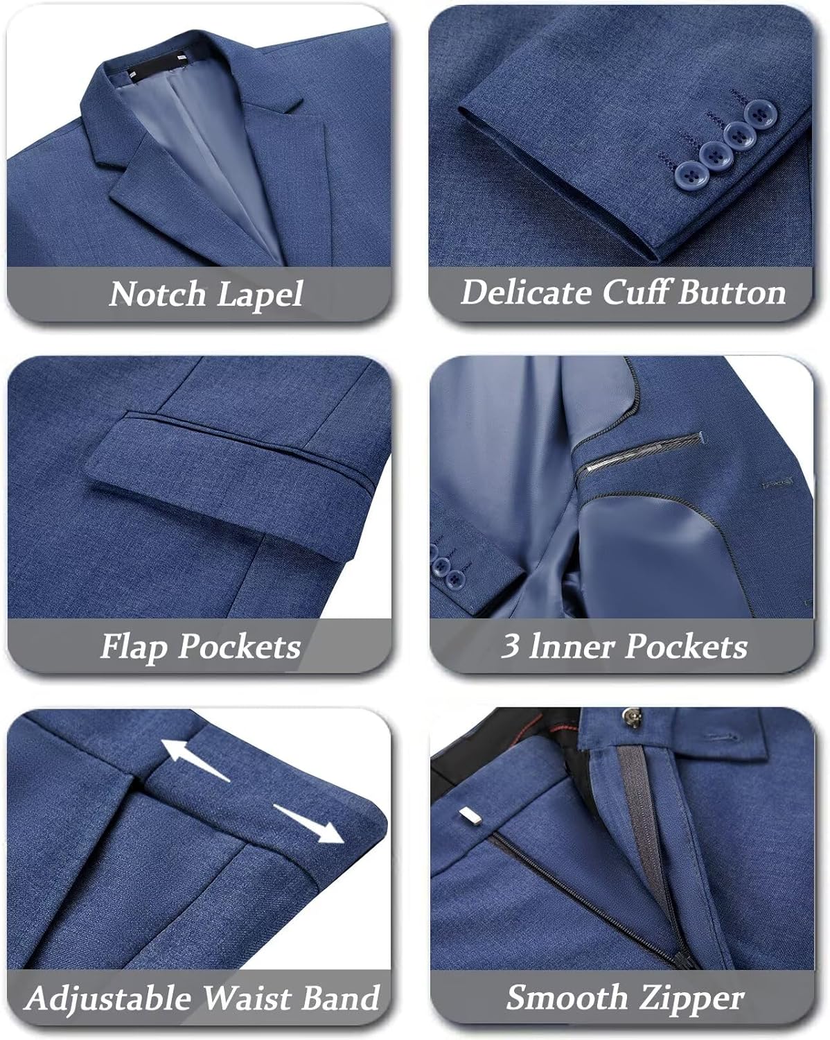 Slim Fit Linen 3-Piece Men’s Suit Denim Blue